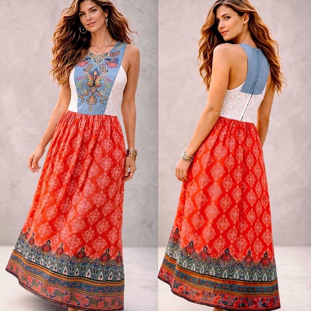 Flying Tomato S Boho Maxi Dress Embroidered Bodice Paisley Border Southwestern